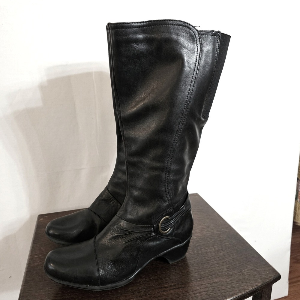 Clarks Black Leather Tall Knee High Boots Wedge Heel Buckle Detail Womens 10W